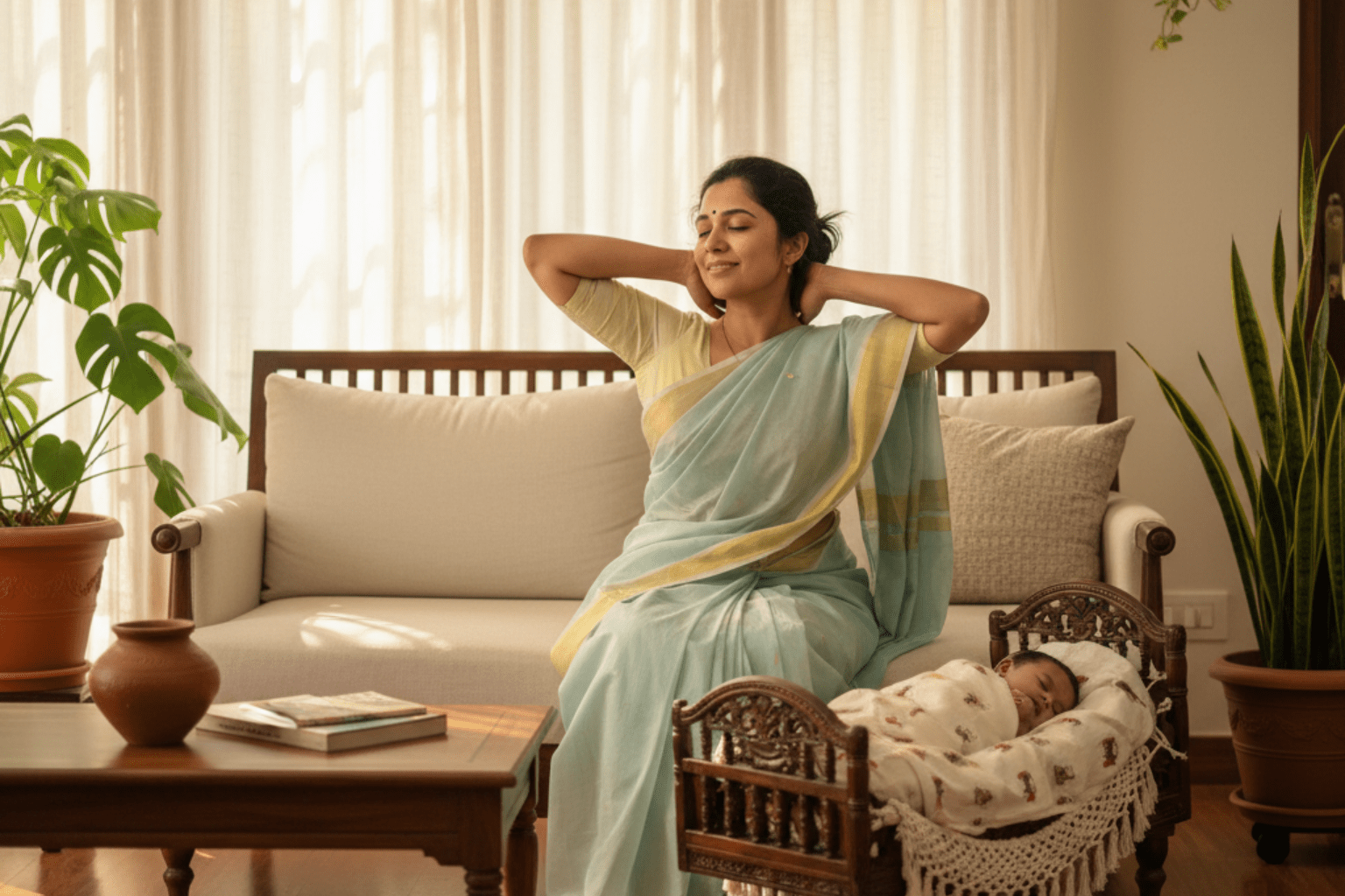 Gentle at‑home stretches to ease postpartum back, shoulder and neck tension.