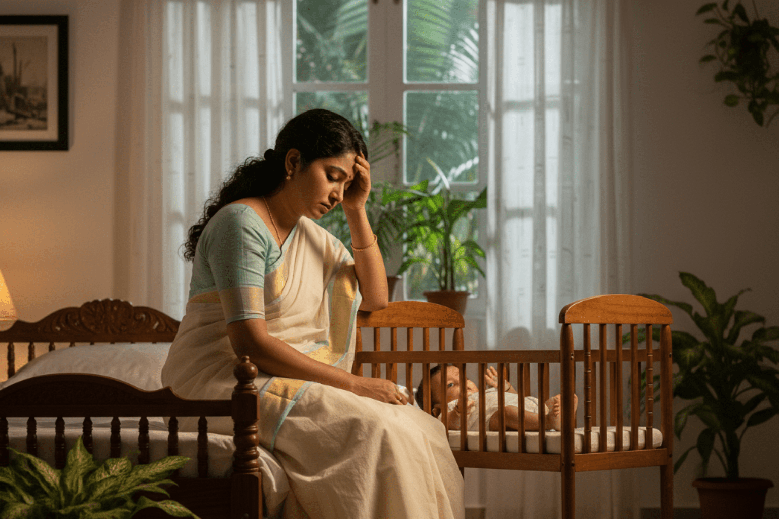 New mom experiencing postpartum sleep regression while caring for her baby.