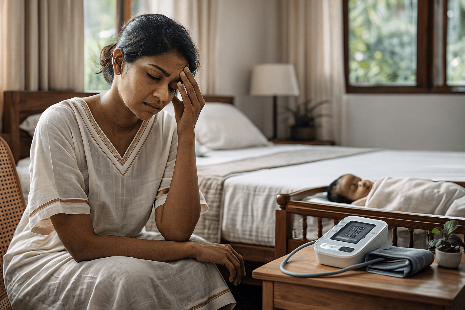 Severe headaches and high blood pressure are key warning signs of postpartum preeclampsia.