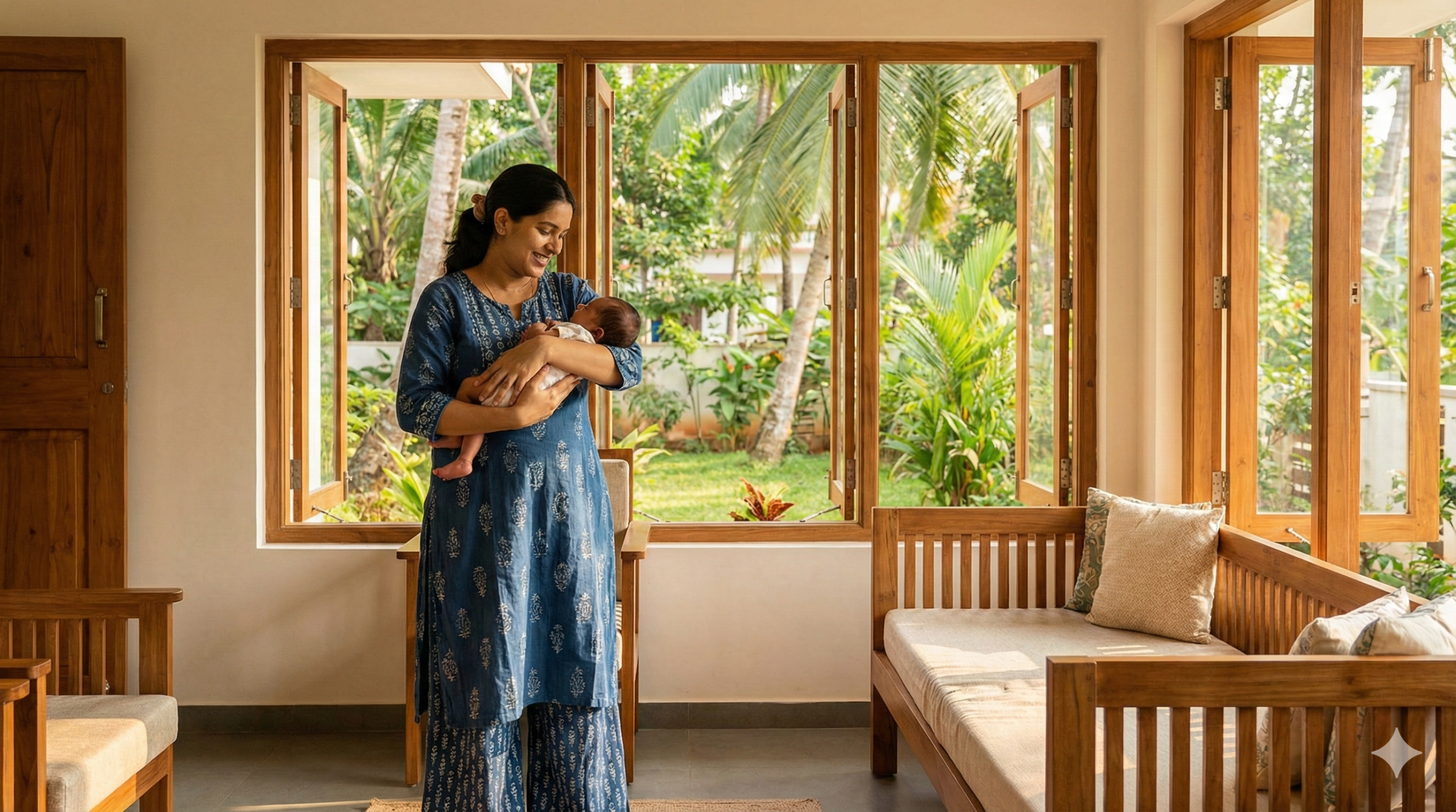 Comfort meets heritage: A breathable, nursing-friendly cotton kurta is the perfect foundation for postpartum style in Kerala's climate.