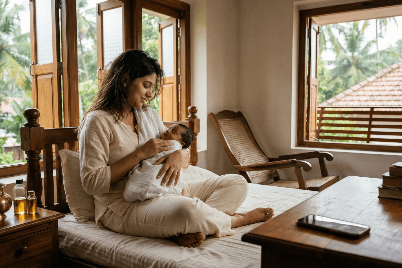 Finding peace and presence: A phone-free moment in a traditional Kerala home.