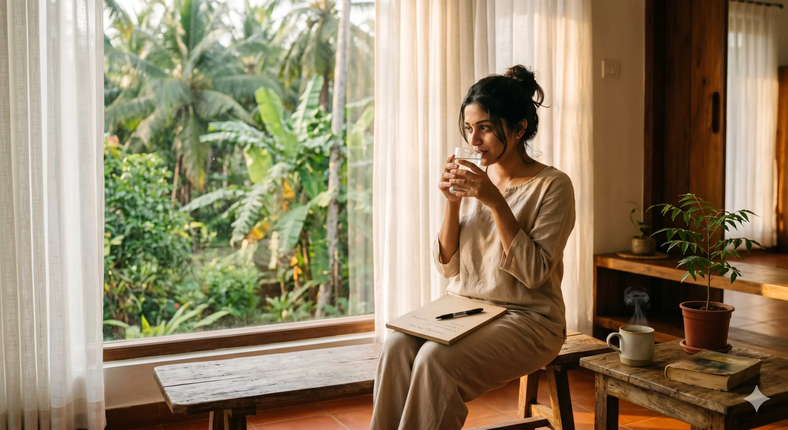 A person peacefully sitting with a glass of water and a notepad for a 10-minute morning routine.