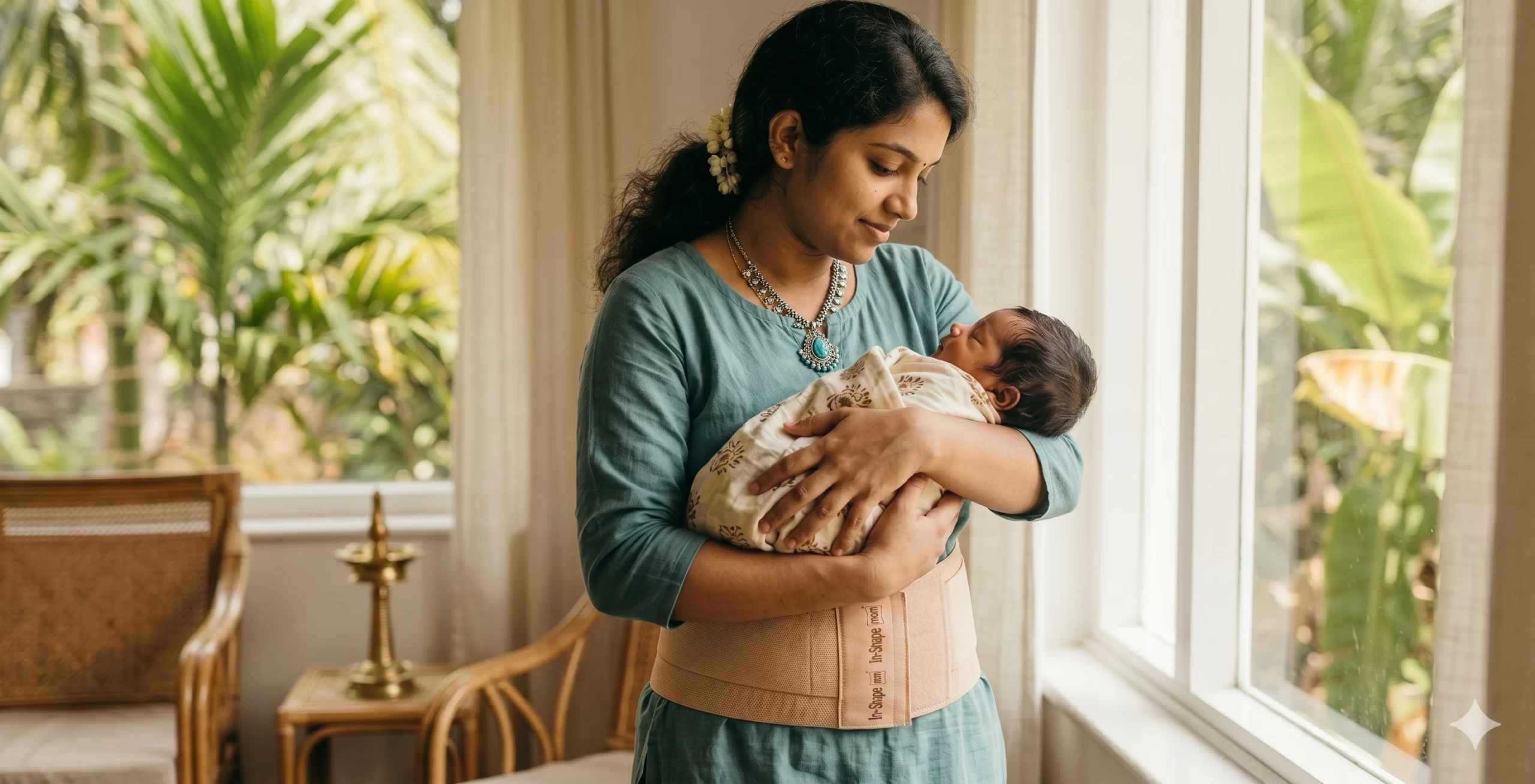 A new mother securely wearing an Inshapemom postpartum belly belt for core support