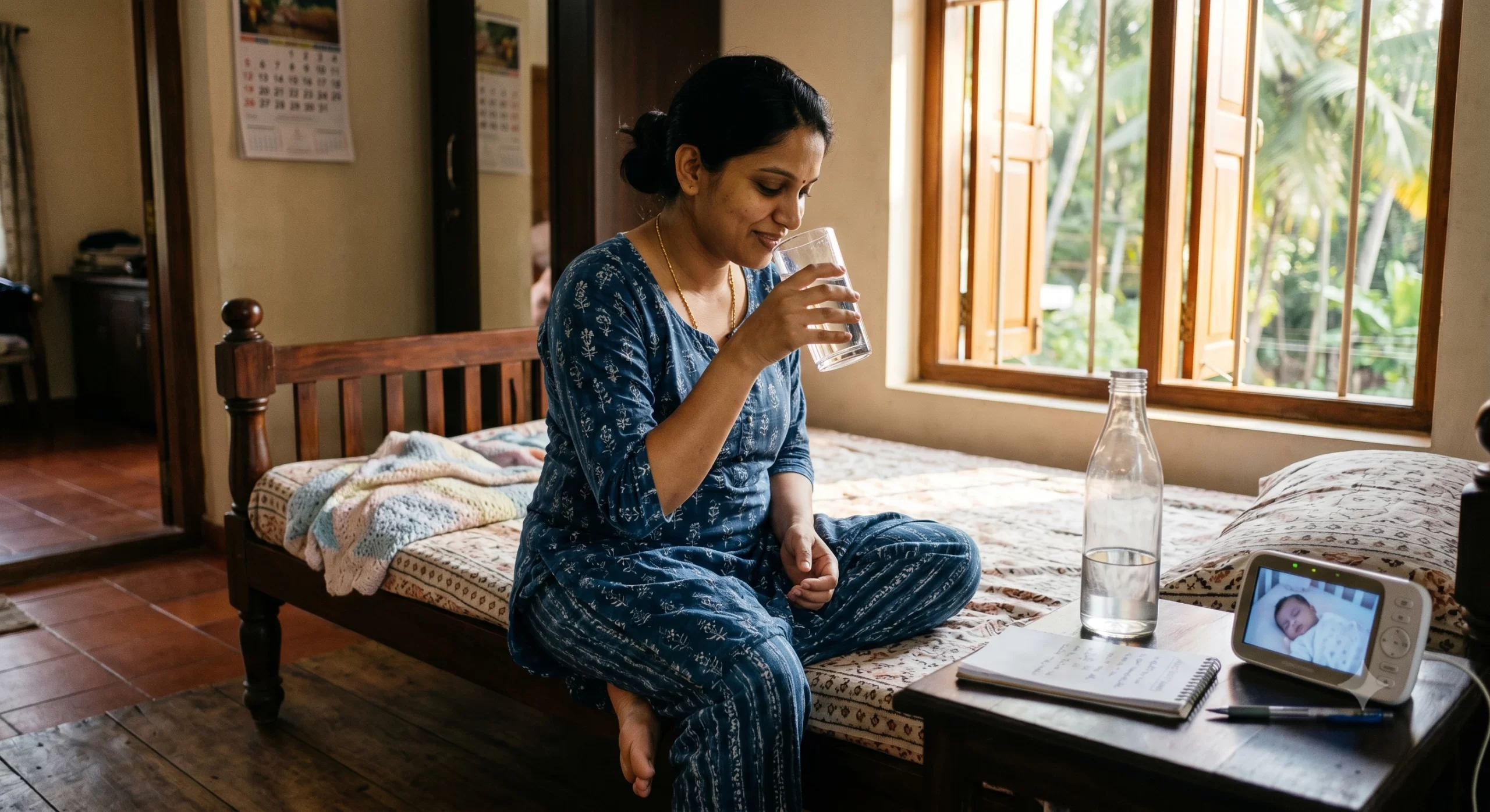 A new mom in comfortable loungewear drinking a glass of water and smiling, starting her 10-minute morning routine for postpartum recovery.