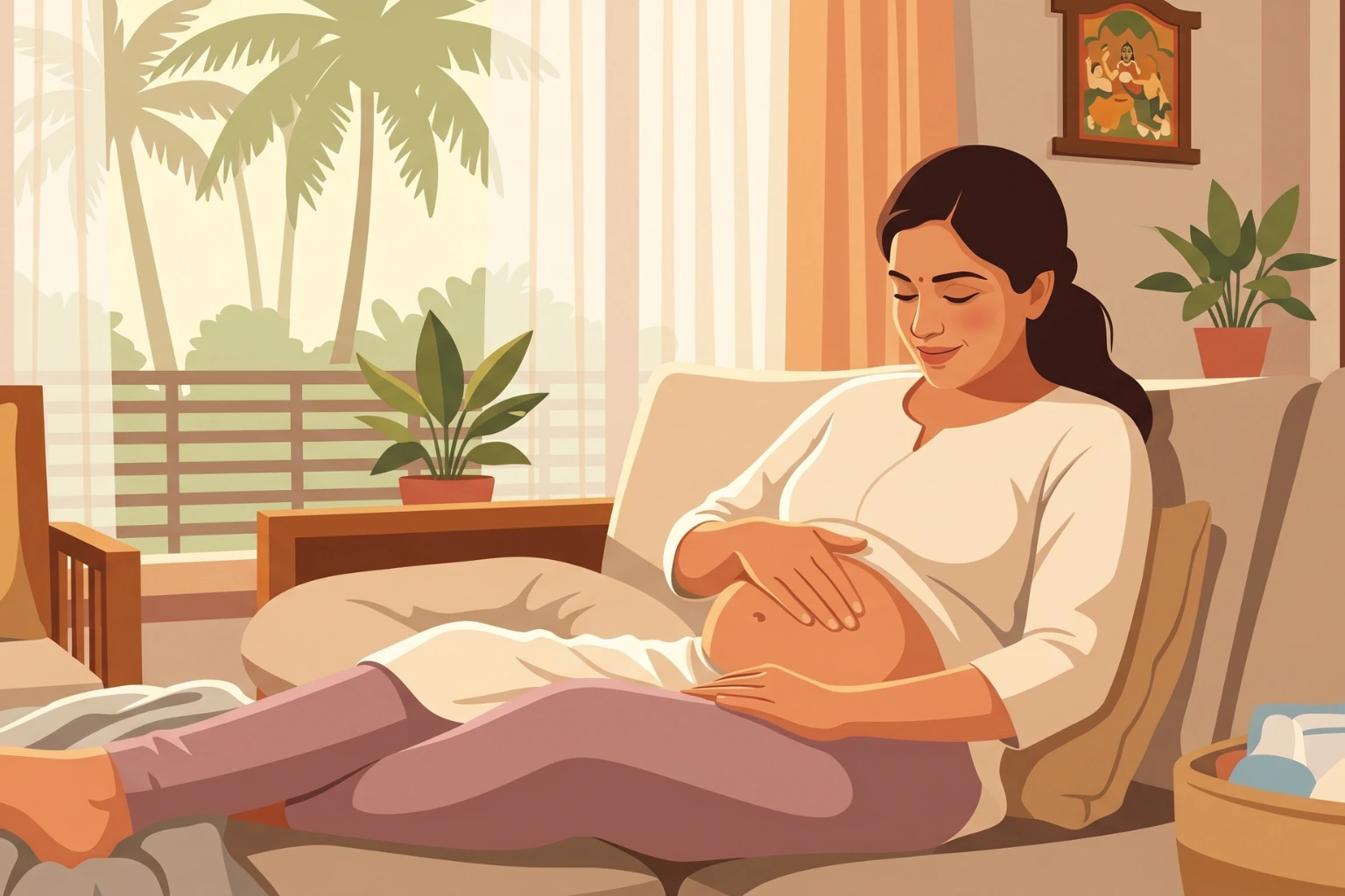 A new mother resting comfortably while gently massaging her abdomen to aid in C-section scar recovery.