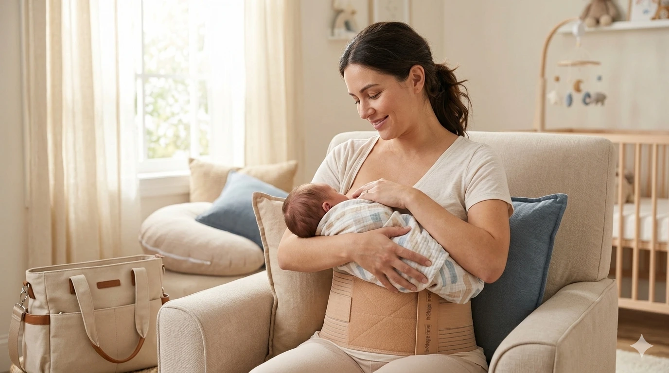 A new mother sitting in a well-lit nursery, smiling at her newborn baby while wearing the tan In-Shape mom postpartum core support belt for abdominal recovery.