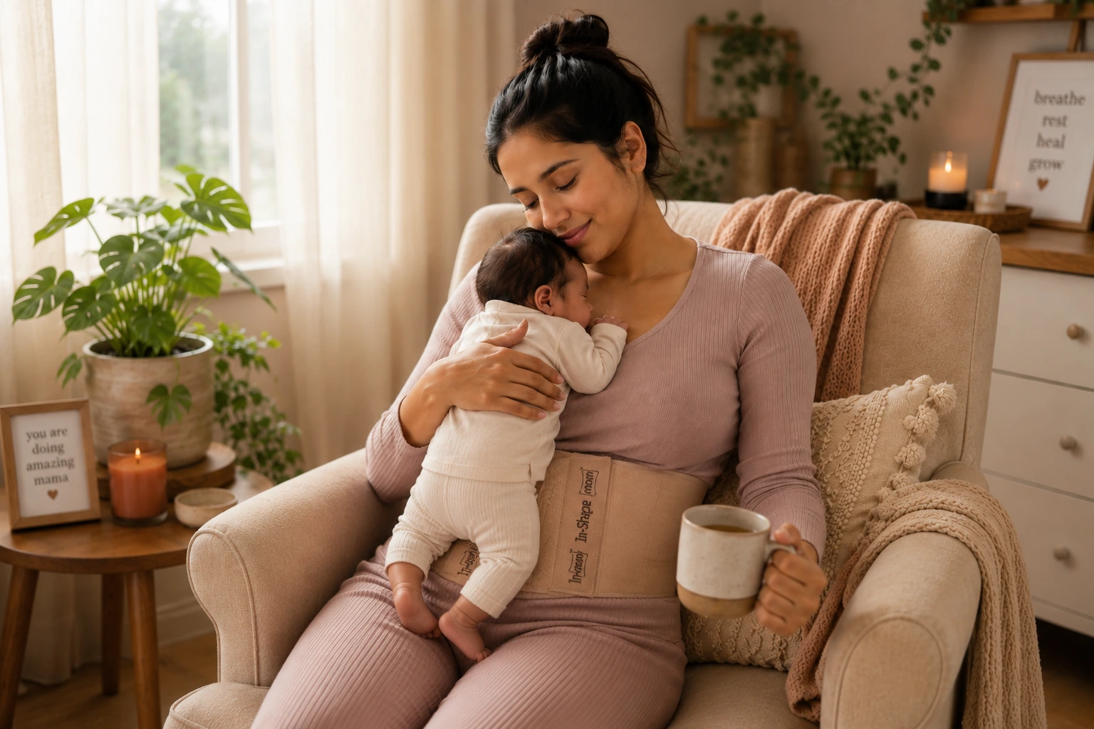 A new mother practicing self-care and wearing an Inshape Mom postpartum abdominal binder for recovery.