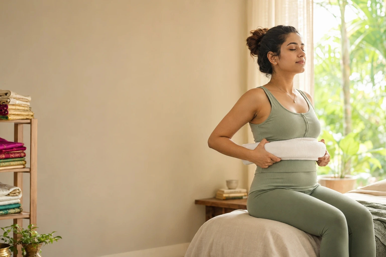 A new mother practicing lateral breathing with a towel to naturally fix postpartum rib flare at home.