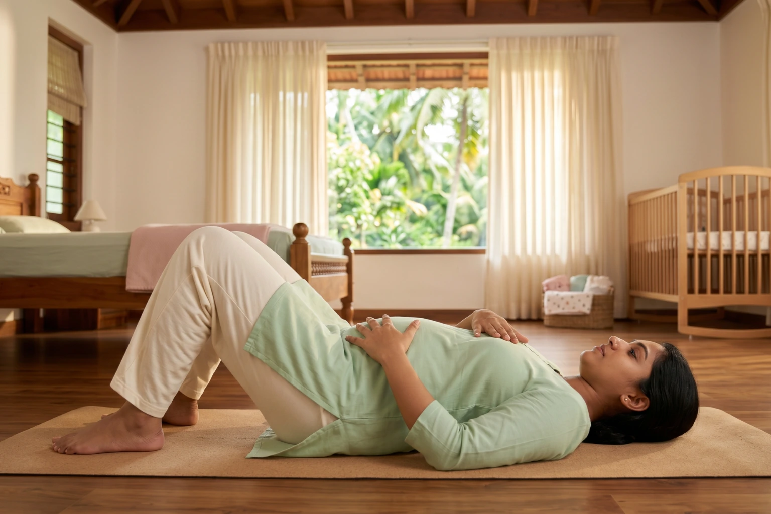 A new mother practicing safe core exercises after pregnancy by doing diaphragmatic breathing on a yoga mat.