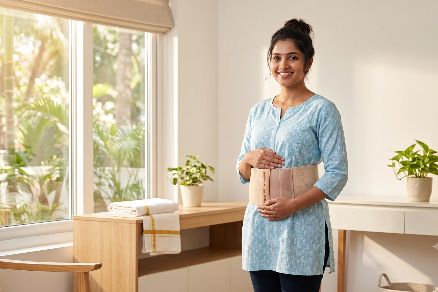 A new mother choosing medical-grade postpartum compression over a traditional cotton thorthu to safely heal her abdominal muscles.