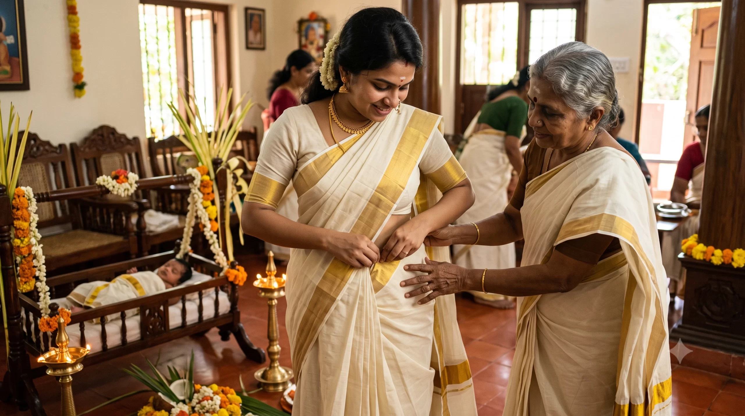 A new mother comfortably wearing a traditional Kasavu saree for a Noolukettu ceremony after a C-section, supported by an In-Shape Mom belt.