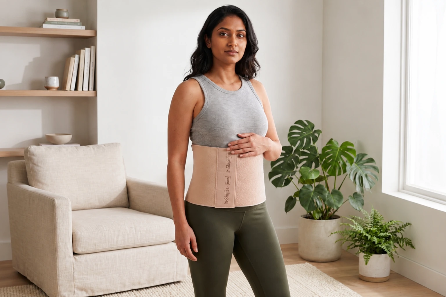 A strong new mother comfortably wearing a postpartum recovery belt to support her healing core and protect her posture.