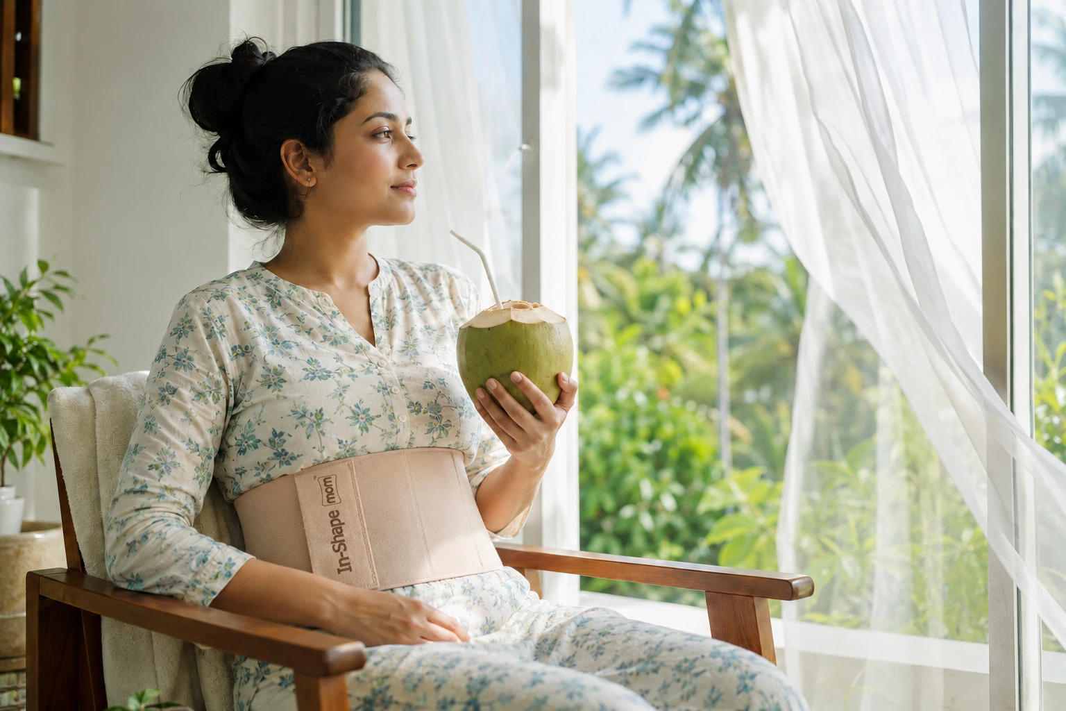 A new mother staying cool and comfortable during her postpartum recovery in summer, wearing the breathable In-Shape Mom belt.