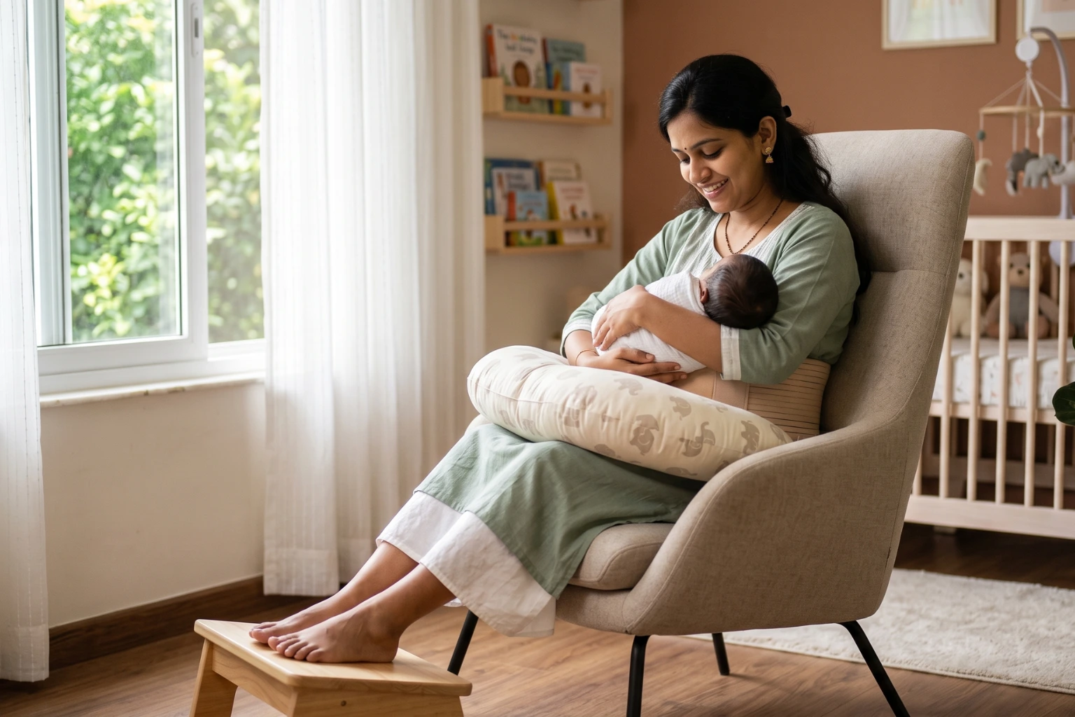 A mother maintaining perfect posture to prevent breastfeeding back pain, supported comfortably by the In-Shape Mom belt.
