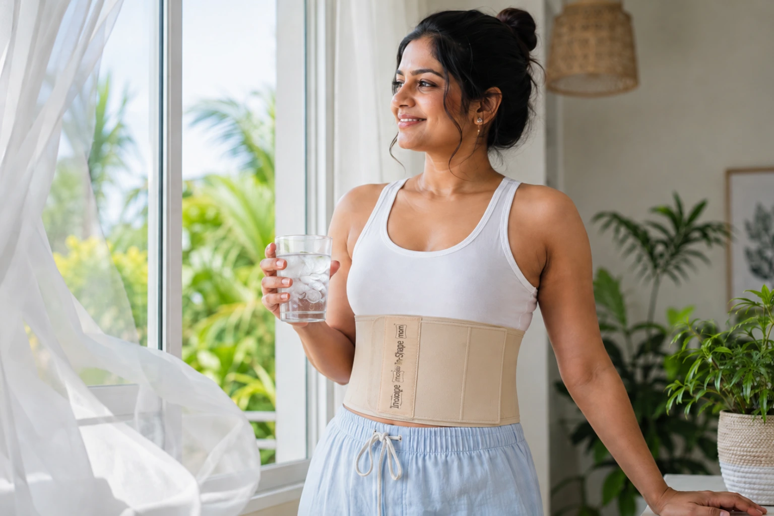A new mother staying cool during her postpartum recovery in the heat, comfortably wearing the breathable In-Shape Mom belt.