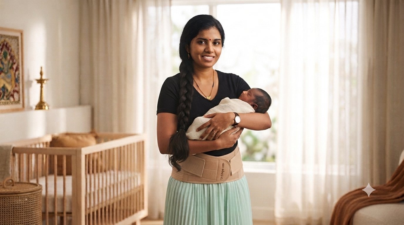 A mother sitting comfortably in a nursery wearing a tan C-section abdominal support belt for core recovery