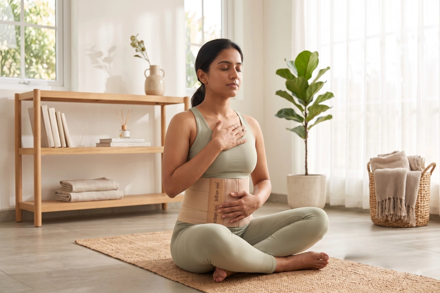 A new mother performing gentle deep core breathing exercises on a yoga mat while wearing an In-Shape mom postpartum support belt