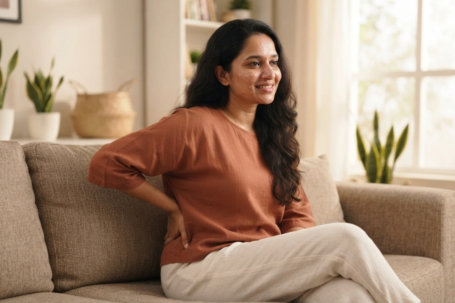 A smiling mother sitting upright in a comfortable chair, supported by a postpartum belt while holding her baby