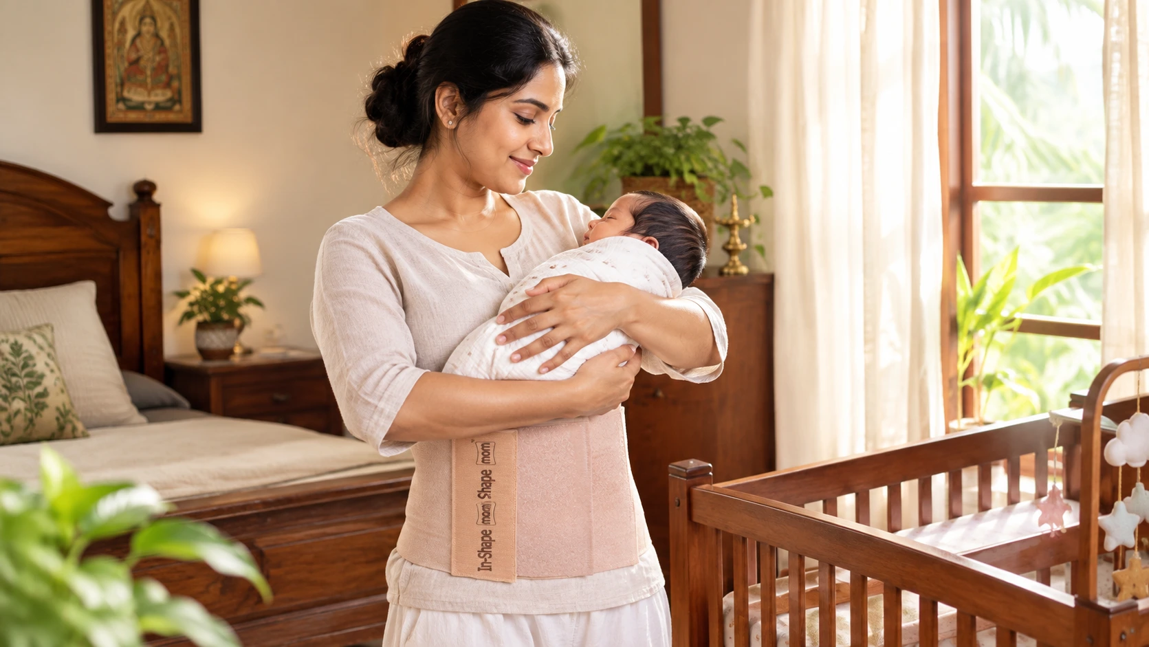 A new mother demonstrating proper use of a flexible postpartum abdominal binder while standing comfortably at home