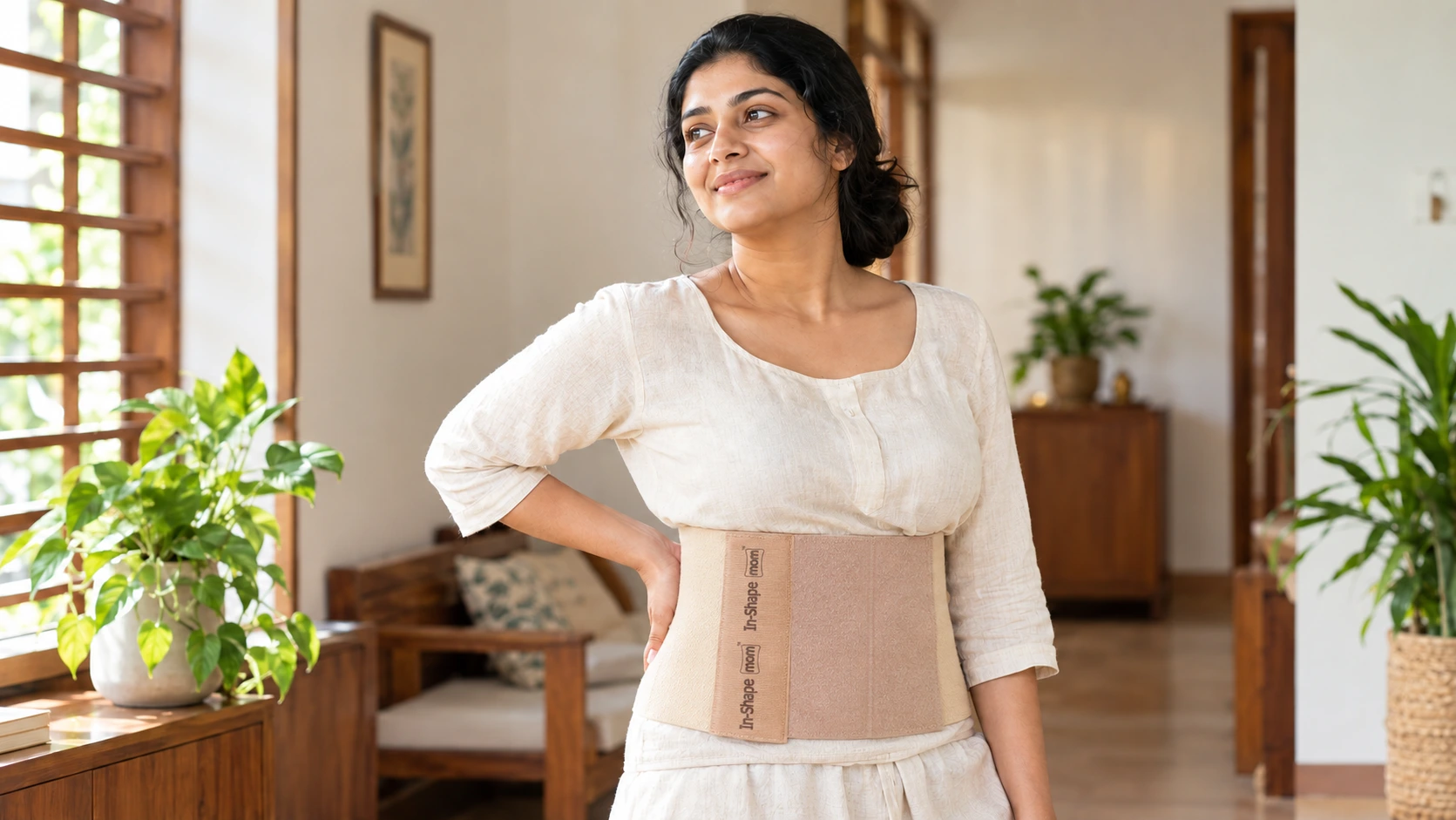 A mother standing with healthy posture while wearing an In-Shape mom belt for postpartum lower back pain relief