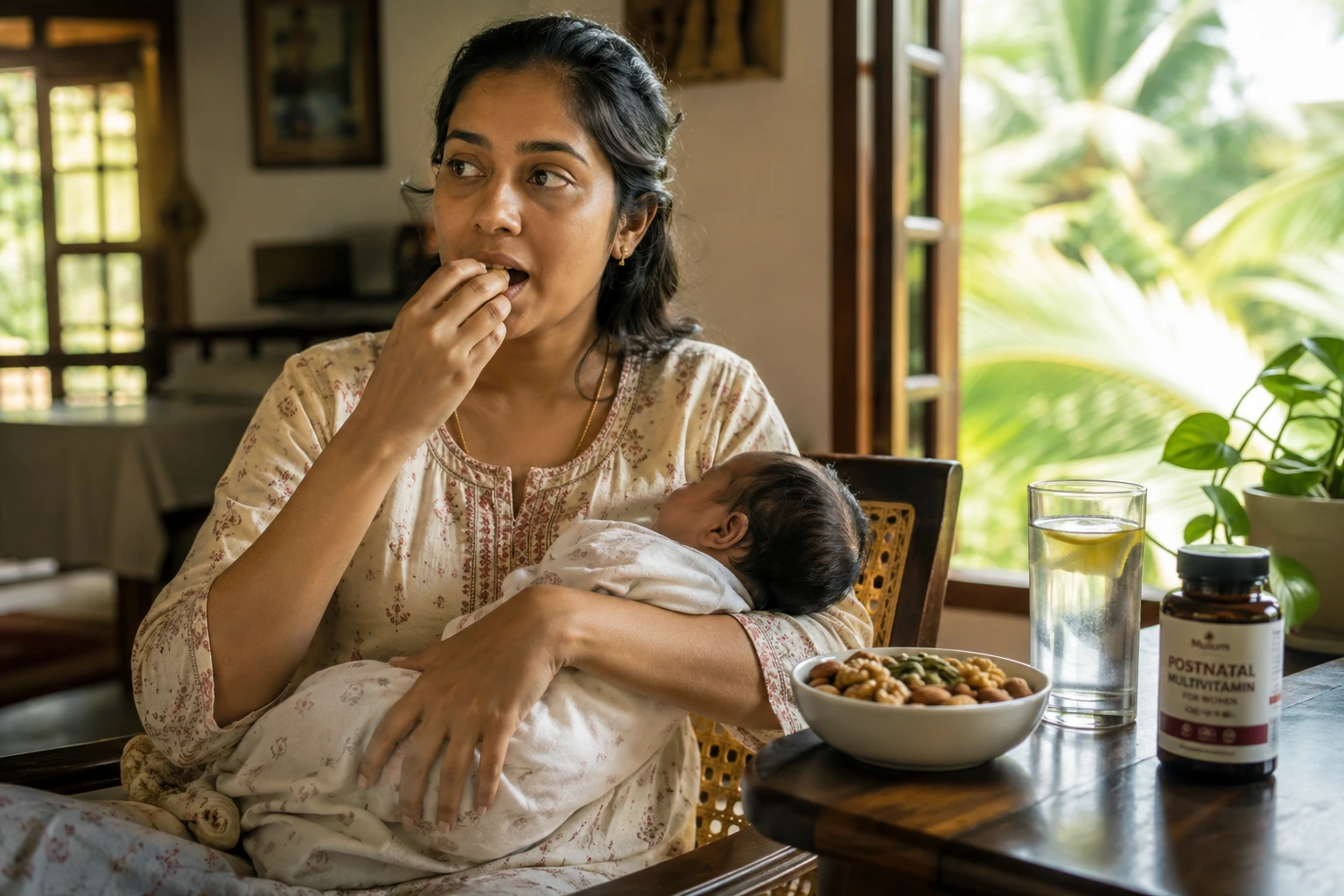 A new mother eating a nutrient-dense snack while holding her baby to help combat postpartum nutrient deficiency and depletion