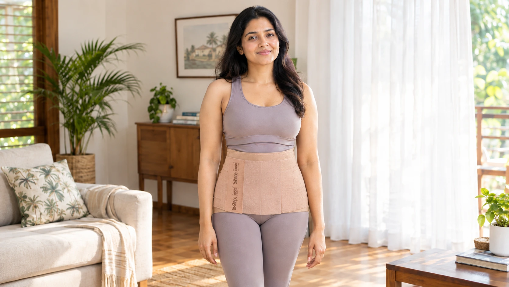 A mother standing in an upright, aligned posture while wearing an In-Shape mom support belt to stabilize postpartum pelvic girdle pain.