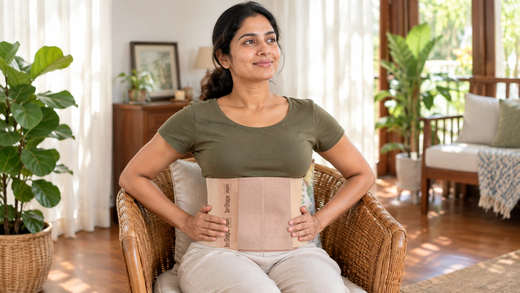 A mother practicing gentle posture alignment and wearing an In-Shape mom support belt for postpartum rib flare relief