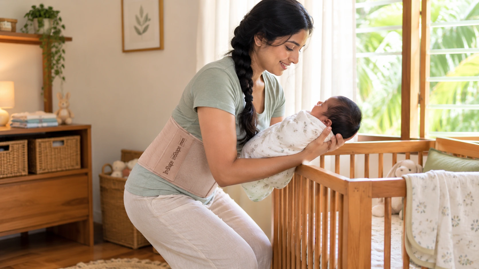 A new mother gently supporting her abdomen while wearing an In-Shape mom postpartum support belt to relieve umbilical hernia pressure.