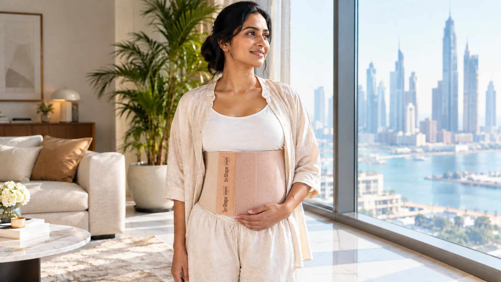 A mother practicing safe postpartum c-section recovery mobility while wearing an In-Shape mom core support belt.