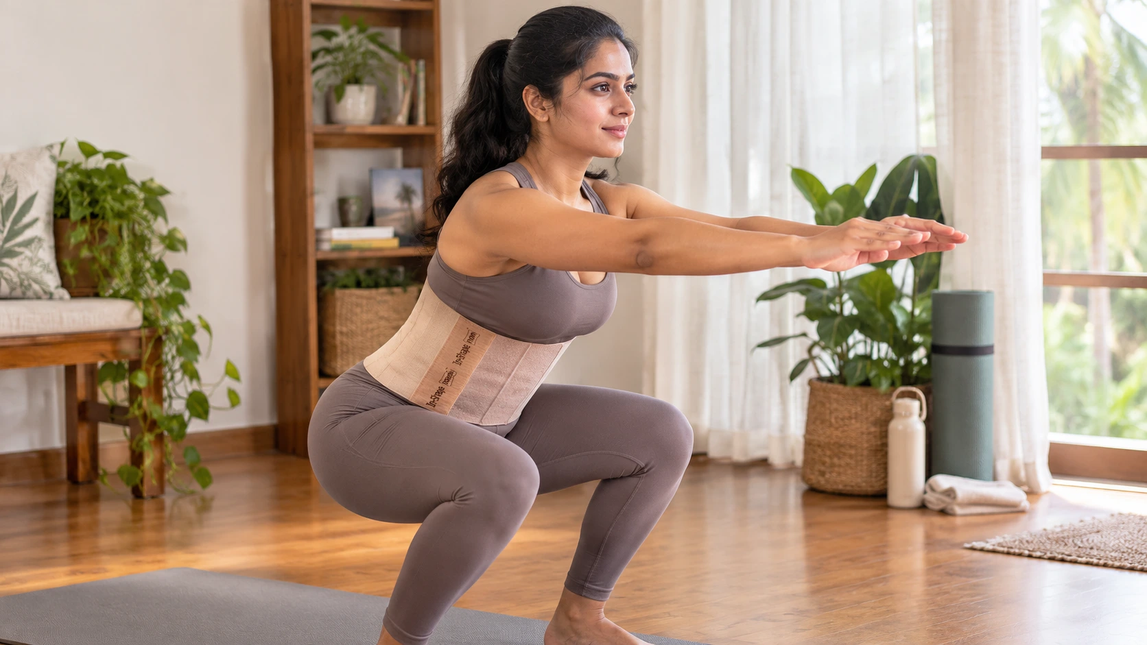 A mother practicing low-impact core rehabilitation for postpartum exercise safety while wearing an In-Shape mom support belt