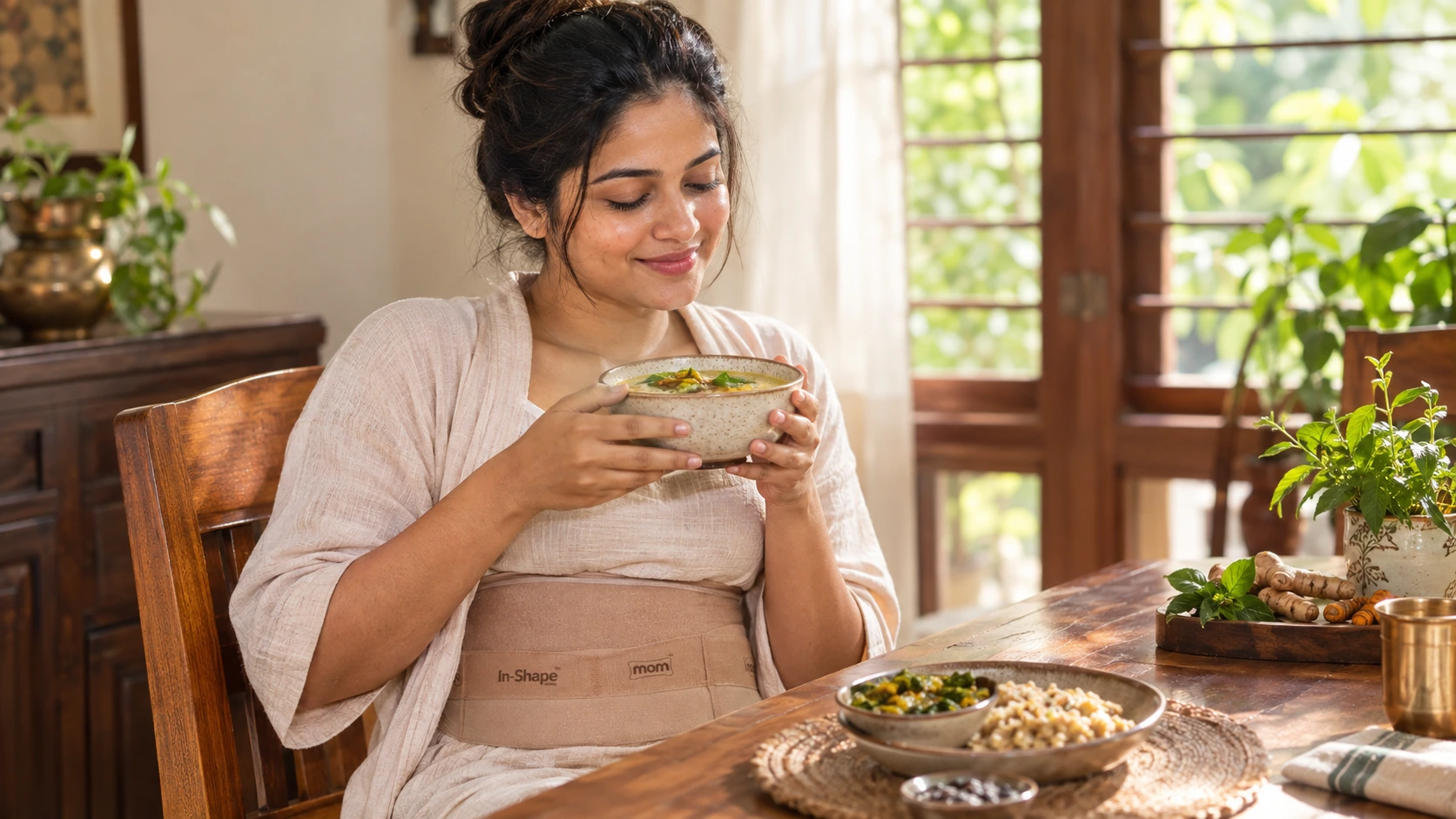A mother enjoying a warm, nourishing bowl of traditional postpartum food at home while wearing an In-Shape mom support belt.