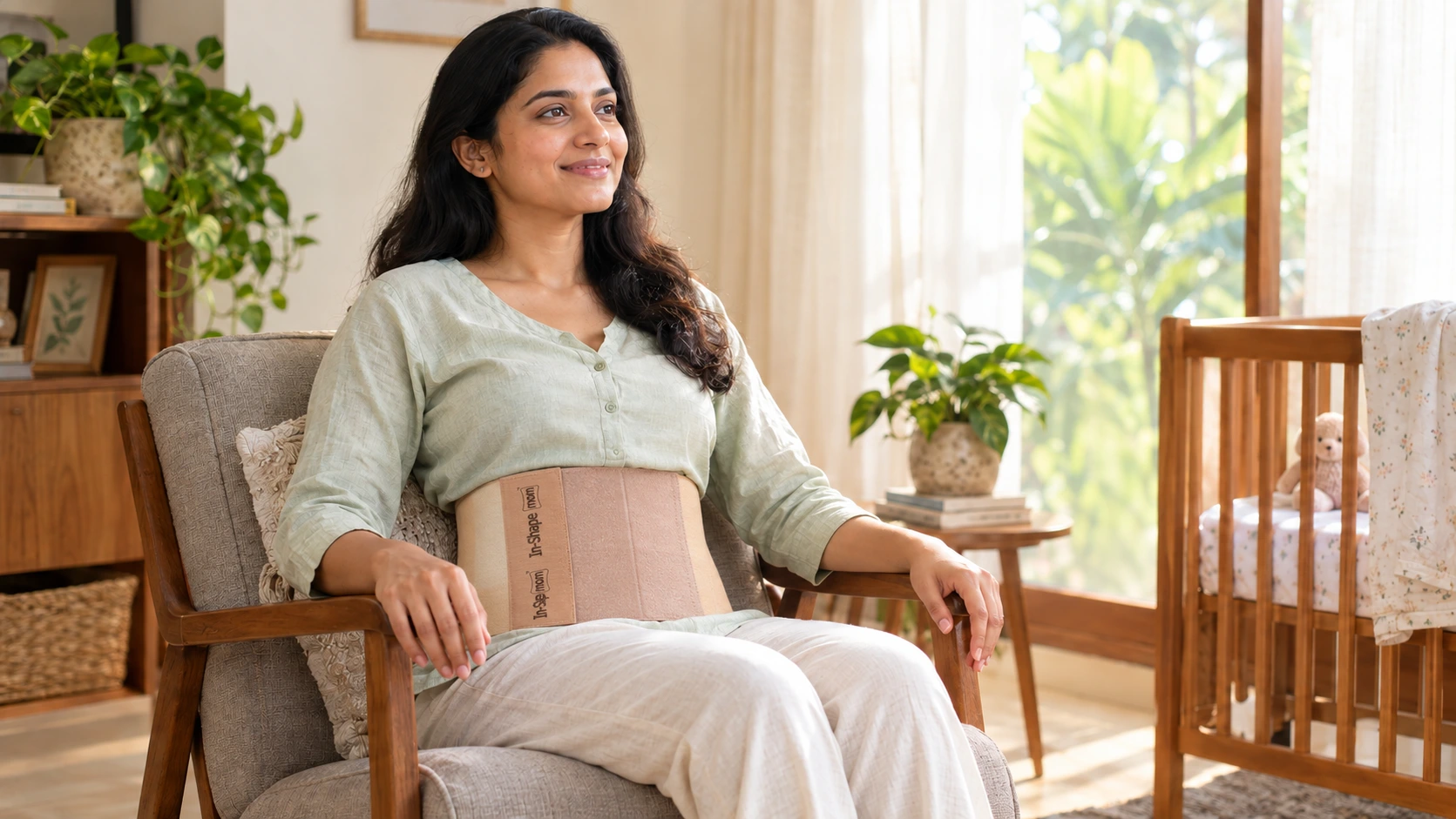 A mother practicing gentle core posture for postpartum pelvic floor recovery while wearing an In-Shape mom support belt
