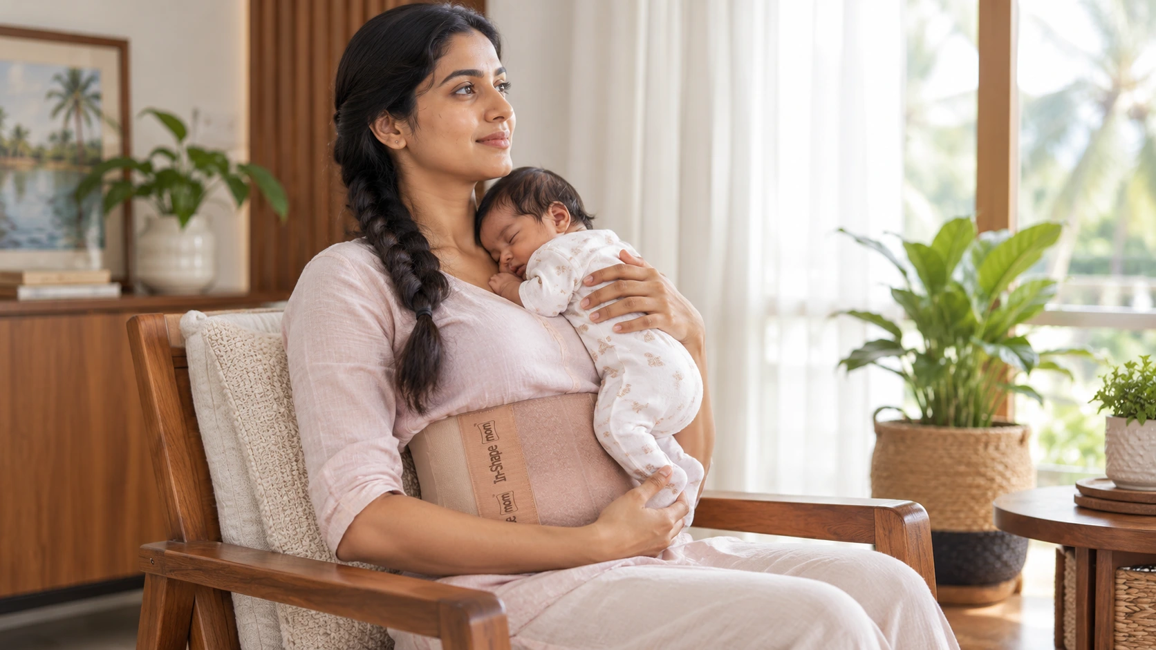 A mother demonstrating healthy postpartum posture alignment while wearing an In-Shape mom support belt at home.